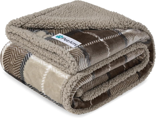 Waterproof Dog Blanket for Bed, Couch, Sofa | Waterproof Dog Bed Cover for Large Dogs, Puppies | Checkered Sherpa Fleece Pet Blanket Furniture Protector | Reversible | 80 X 60 (Taupe)